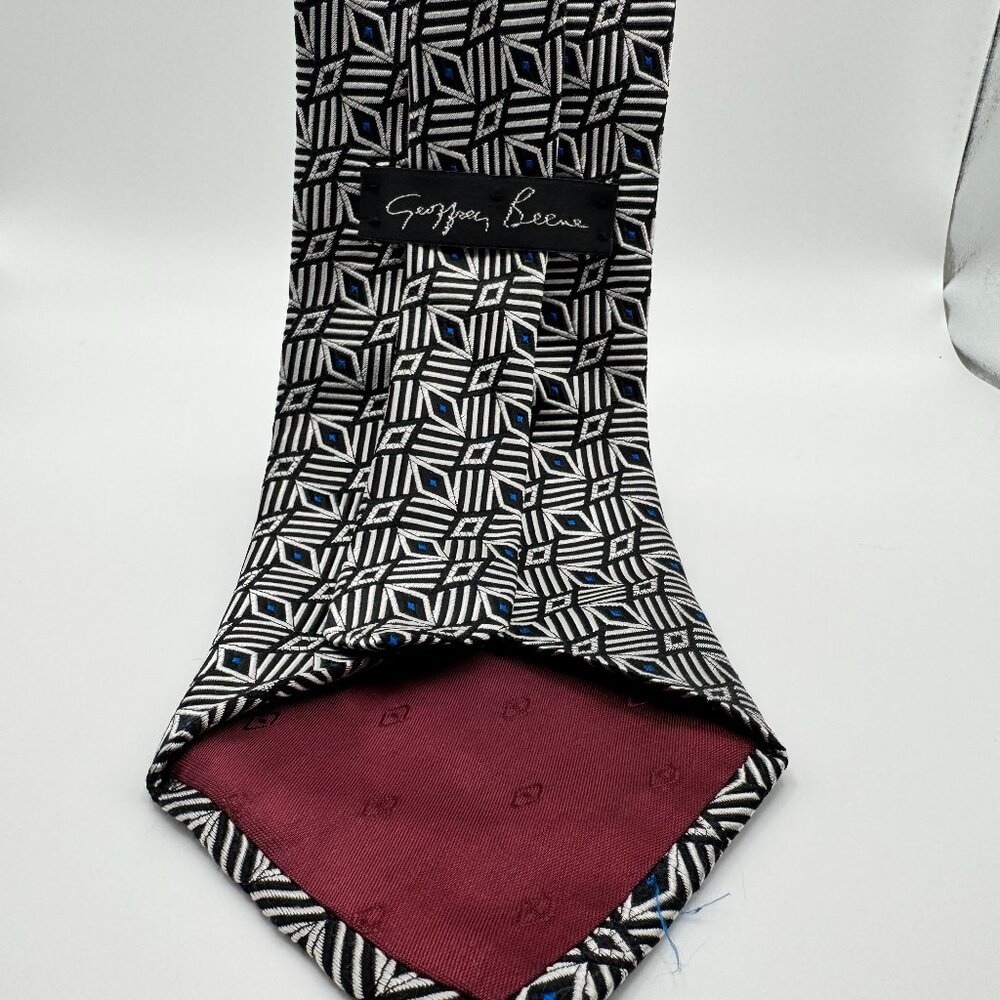 Georffery Beene Silk Abstract Tie – Black, Silver, Blue Modern Made in USA